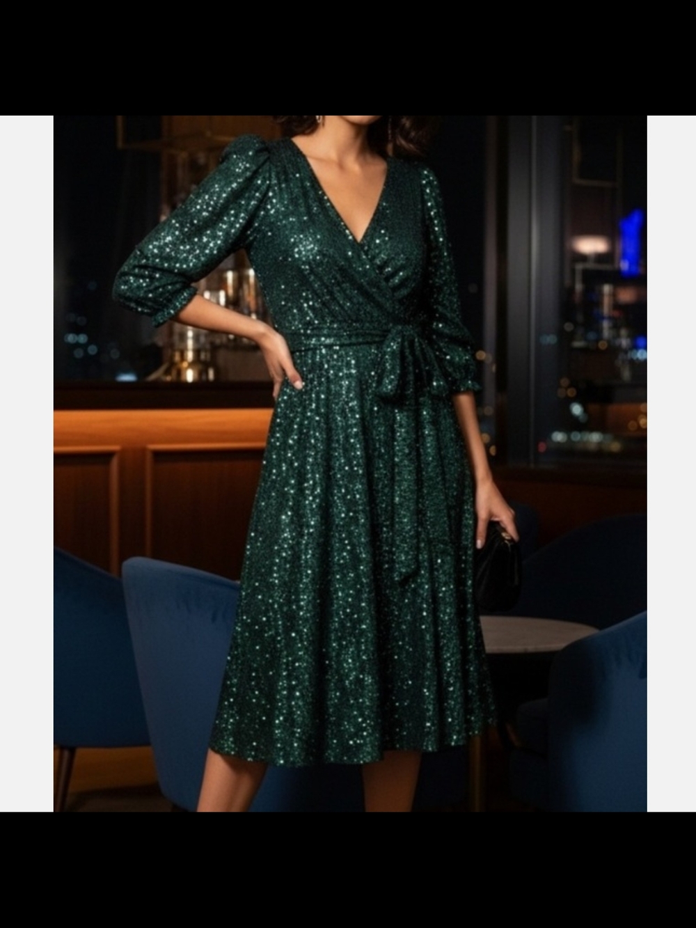 DKNY Sz 16 Emerald Sequin Wrap Midi Dress